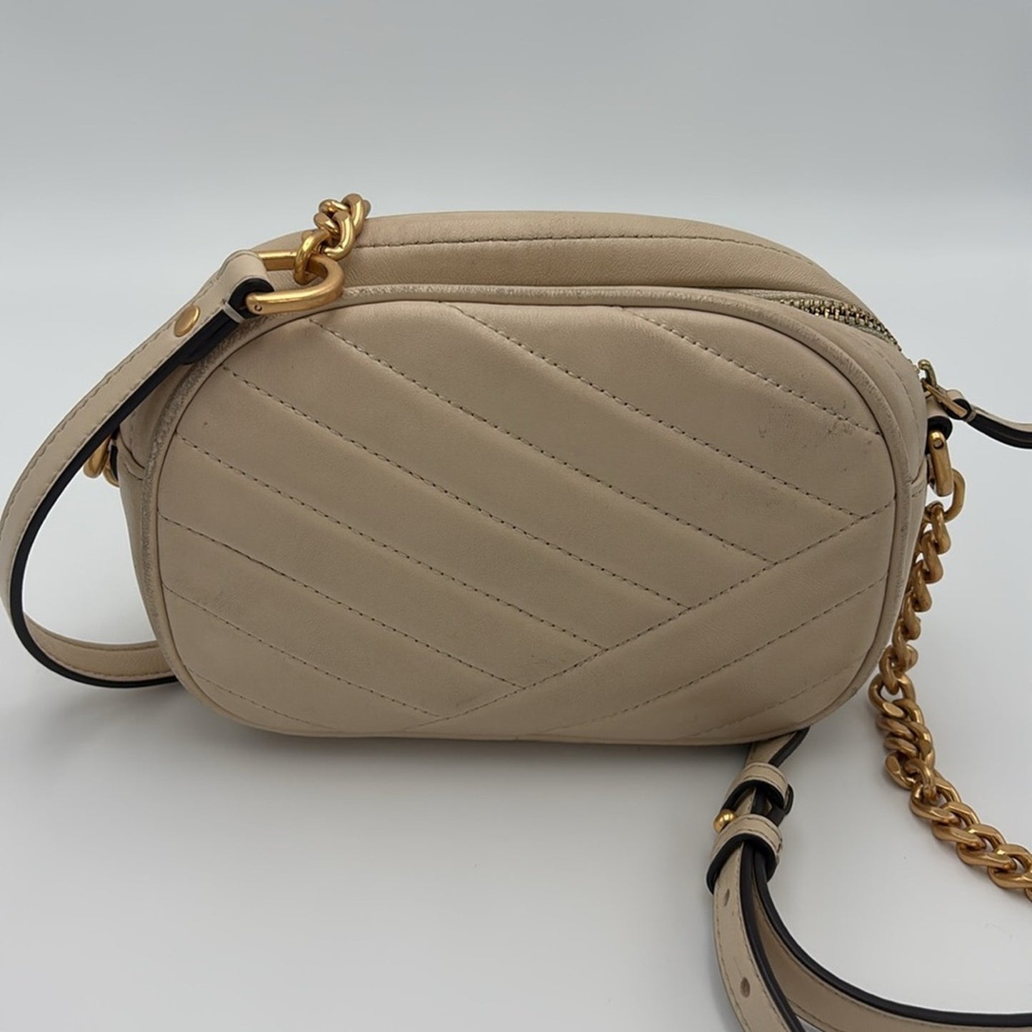 Tory Burch Small Kira Chevron Camera Bag Cream Gold Quilted Crossbody Bag