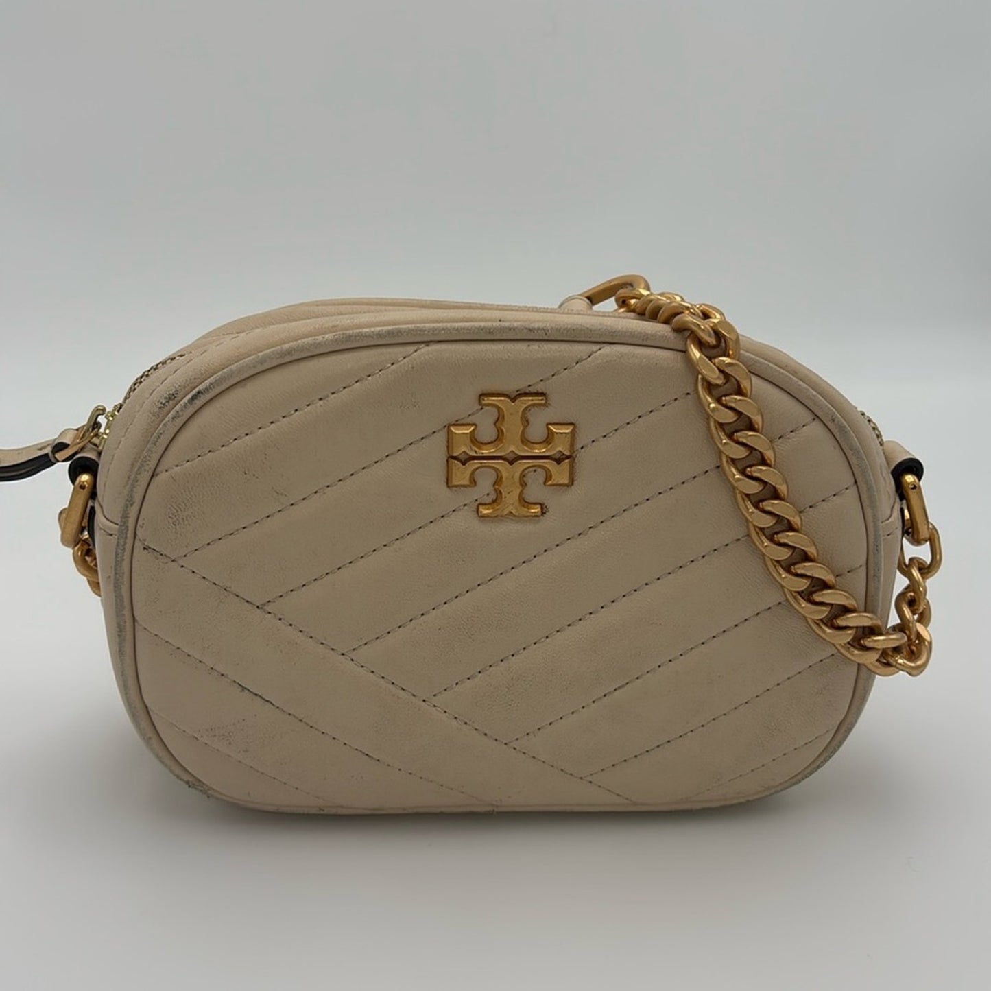 Tory Burch Small Kira Chevron Camera Bag Cream Gold Quilted Crossbody Bag